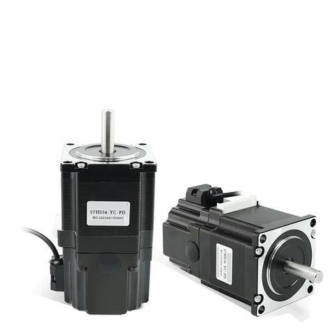 Two NEMA 23 stepper motors with black housings and silver shafts; model 57HS56-YC-PD label visible