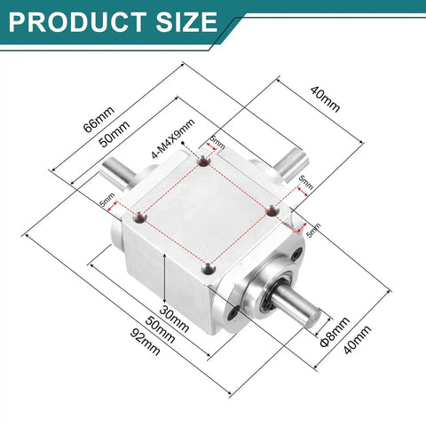 Bevel Gearbox 90 Degree 1 To 1 Dual Output Aluminum Frame 8mm Shaft Built Tough with dimensions shown on diagram.