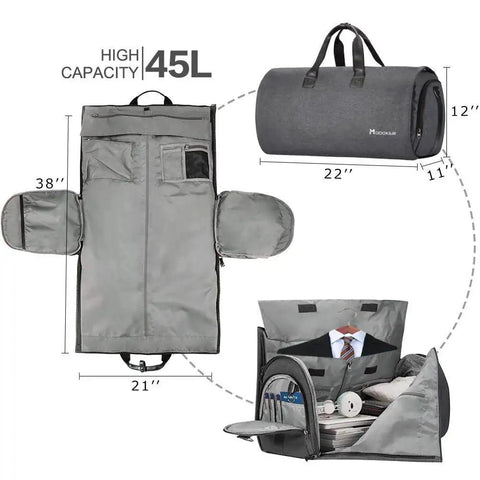 2 In 1 Convertible Garment Bag And Duffel For Travel with shoulder strap, black, shown open and closed, highlighting garment section and 45L capacity