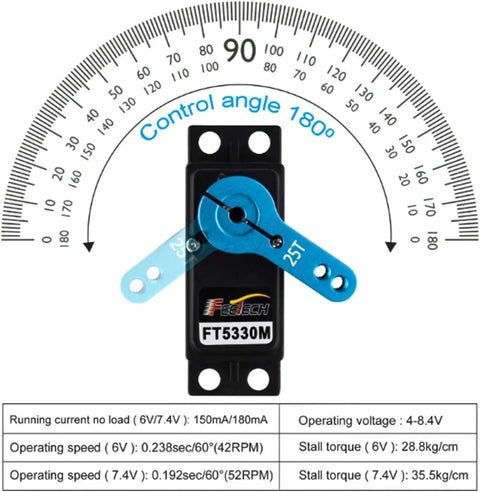 FEETECH FT5330M RC servo with blue aluminum arms, 180° control