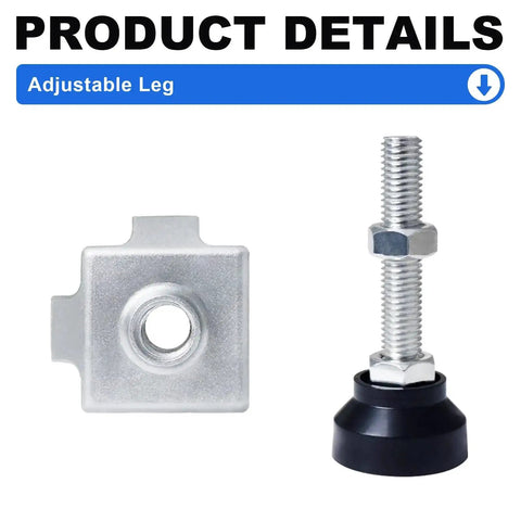 Adjustable Leg Feet for 4040 Aluminum Extrusion T Slot and V Slot Rails Silver Finish close-up with mounting hardware