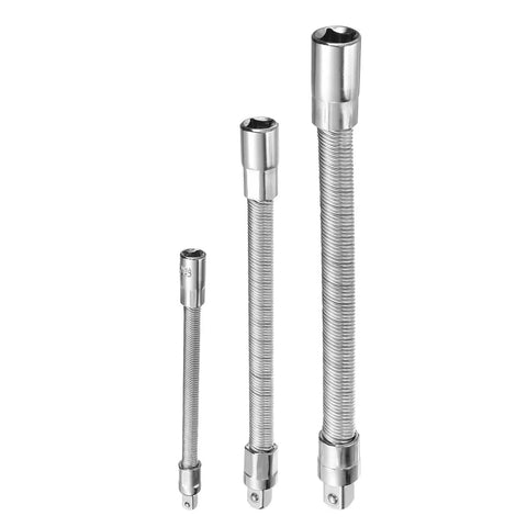 Three-piece chrome flexible socket extension set with drive-head adapters in varying lengths