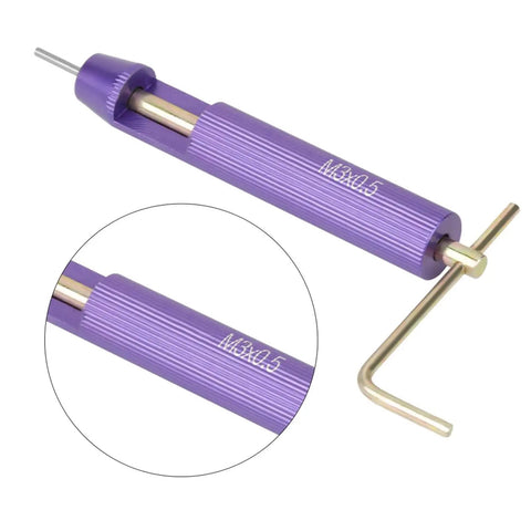 Purple installation tool for M3 Stainless Steel Threaded Insert Kit For Aluminum Parts Repair Pack Of 50 with hex key detail focused in image.