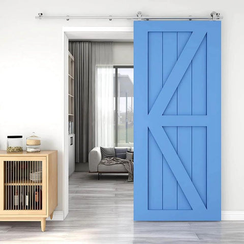 15Ft Stainless Steel Sliding Barn Door Track Kit Top Mount T Hanger Set installed with blue wooden door in modern room.