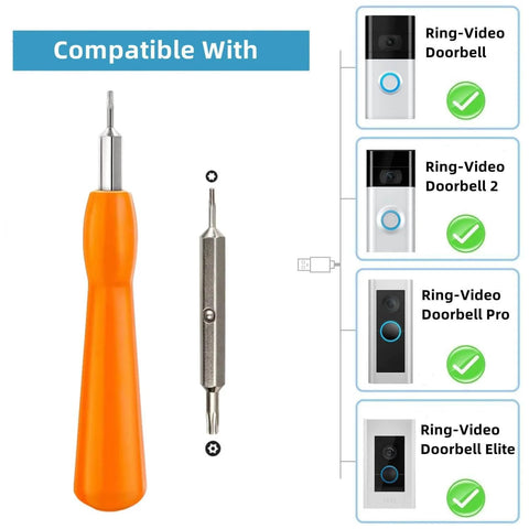 Doorbell Screwdriver Replacement Kit With Double Ended Bits For All Video Doorbells From Video Doorbell 2 To Pro And Elite Quick Battery Change And WiFi Password Reset Access Includes Screws with compatibility chart showing different doorbell models.