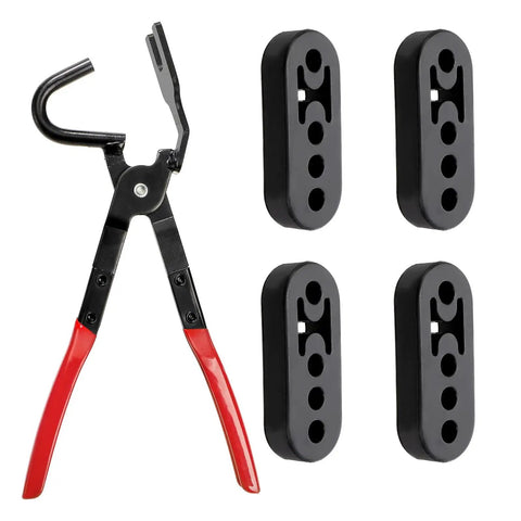 Exhaust Hanger Removal Pliers With 4 Hole Rubber Kit For Universal Car Hangers showing pliers and four rubber mounts