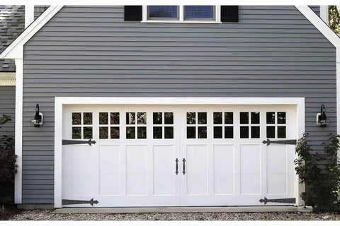 Screw Mounted Faux Garage Door Hardware Set With 4 Hinges And 2 Handles In Durable ABS Plastic installed on white carriage style garage door