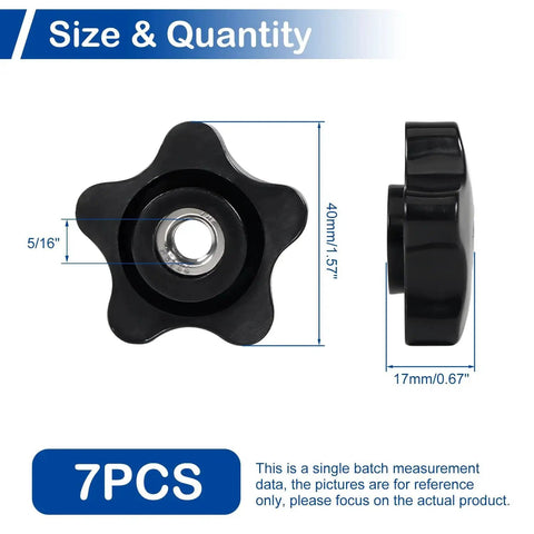 Front and side view of 7 Pcs 5/16-18 Thread Knob Nuts Black Star Knobs For Jigs T Track Bolts with dimensions.