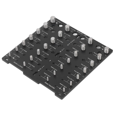 Aluminum Alloy Thread Checker Bolt Nut Identifier Board With 28 Holes For Metric And SAE Threads, top view showing sizes.