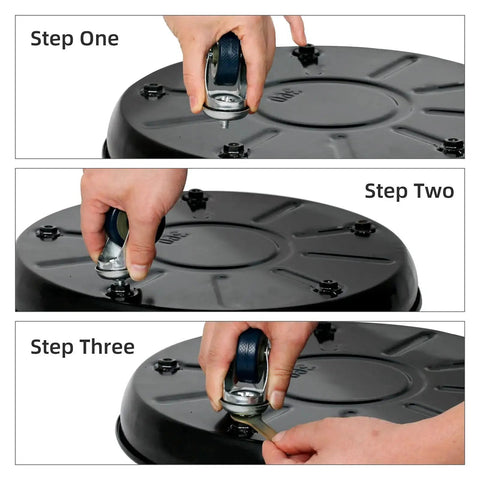 Assembly steps for Heavy Duty Plant Caddy With Universal Wheels 3 Pack Black Round Plant Stand Trolley with frosted non-slip tray.
