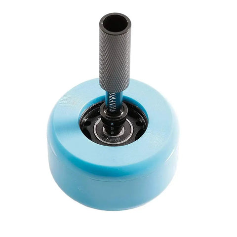 Aluminum Rc Skateboard Bearing Driver And Removal Tool Kit with blue skateboard wheel, bearing disassembly in process.