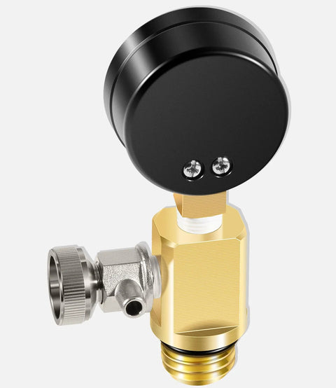 Brass high-flow manual relief valve assembly with black cap and silver side connector for pool and spa filters