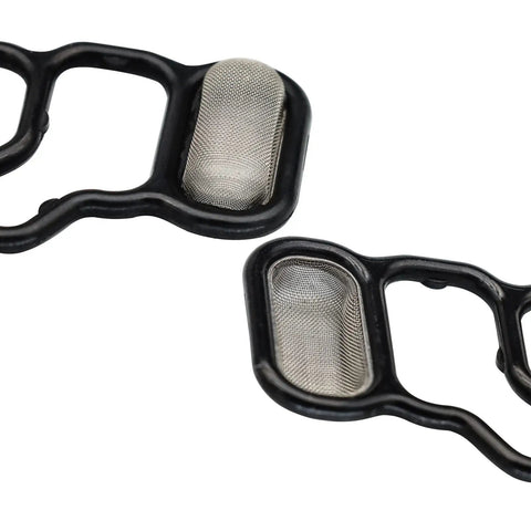 Close-up of VVT VTEC Solenoid Gasket Valve Cover Set 3 Piece Fits 2002 2015 Honda CR V Accord Element Civic Si Fit Crosstour RSX TSX RDX Acura Models Oil Seal Kit To Stop Leaks And Keep Engine Oil Clean with visible gaskets and mesh screens.