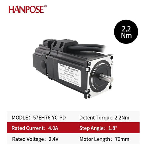 Hanpose servo motor 57EH76-YC-PD with CL57-BK brake drive, side view; black body with silver face, 2.2 Nm