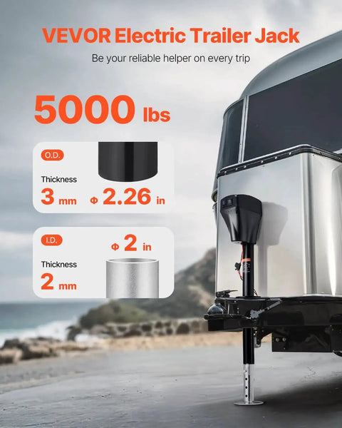 Electric Tongue Jack 5000 Lbs Heavy Duty RV Trailer 2 Way Connector installed on a trailer by the sea