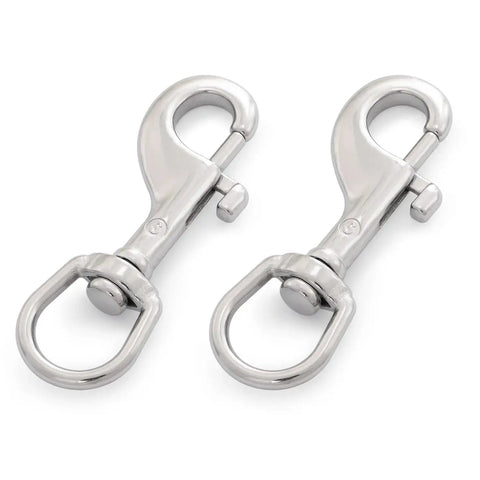 Two 3.5 Inch Swivel Eye Snap Hooks Marine Grade Stainless Steel 2 Pack shown from top angle highlighting swivel eye and snap design
