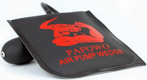 Beefy Heavy Duty Three Piece Air Wedge Bag Pump Kit with Leveling and Alignment Tool, inflatable shim bag close-up view