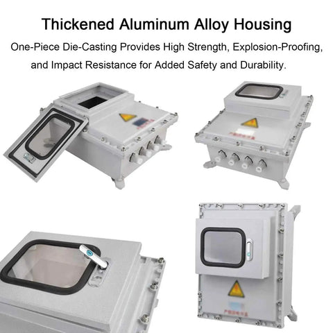 Outdoor Waterproof Cast Aluminum Junction Box Housing With Viewing Window IP66, explosion-proof aluminum housing, multiple angles.