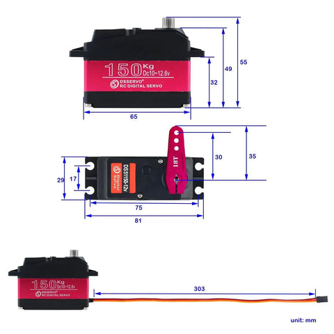 Dimensions diagram of Beefy 150Kg Full Metal Gear Digital RC Servo 180 Degree Waterproof IP67 12V Ready With 18T Arm shown from various angles