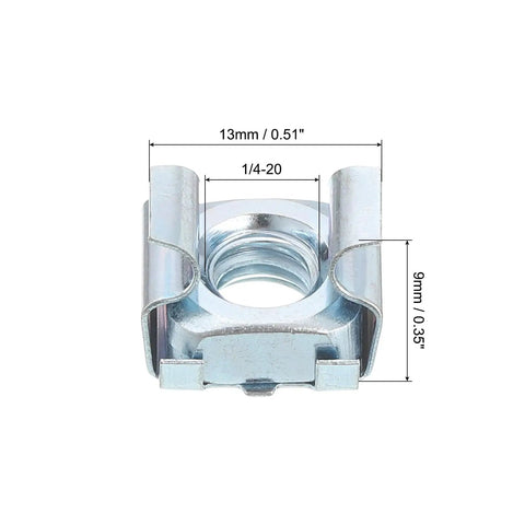 Close-up of a 1/4-20 Cage Nut with dimensions, zinc-plated carbon steel, part of a 20-piece set for 19-inch server racks.