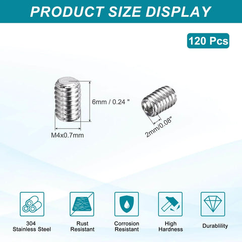 Product size display of 120 Pcs M4-0.7 X 6mm Grub Screws 304 Stainless Cup Point Allen Head Screws with hex drive
