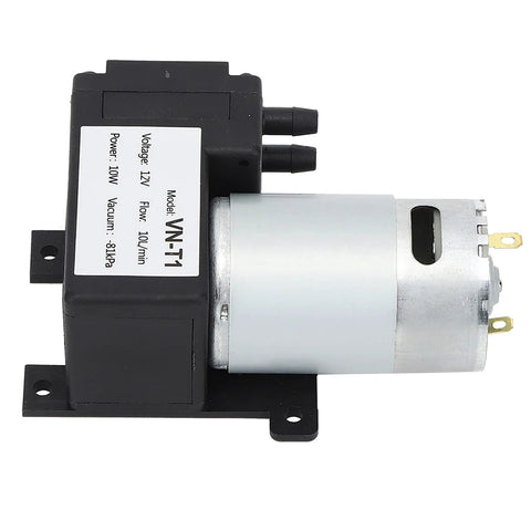Miniature DC vacuum pump by Amazon, 12V, 10L/min, -81kPa, black plastic housing with silver motor, dual hose ports