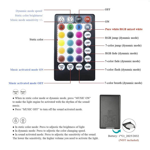 28-key remote control for Fiber Optic Star Light Kit with music sync and RGB color modes