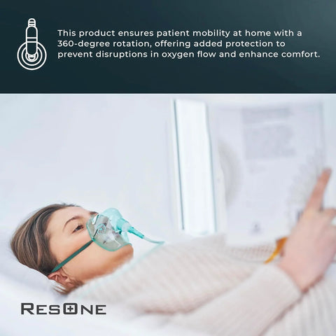 Oxygen therapy mask with tubing worn by patient in bed; turquoise mask in medical setting, ResOne logo visible.