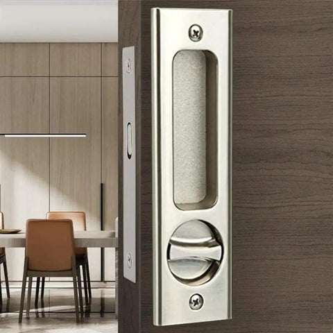 6.3 Inch Silver Invisible Recessed Handle Latch With Keys For Interior Pocket Door Lock And Sliding Barn Door Lock Zinc Alloy Electroplated Brushed Nickel Finish Anti Corrosion Dust And Oil Resistant Chamfered Edge Left Or Right US Standard Doors installed in wooden door