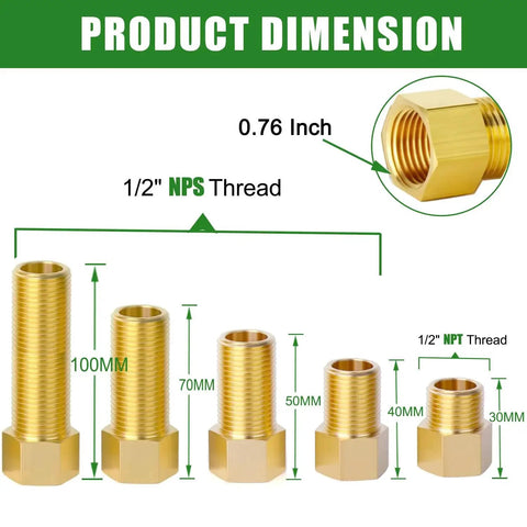 1/2 Inch Brass Pipe Extension Fitting Set Female To Male Connector Hex Bushing Reducer Adapter, dimension view, NPT and NPS threads