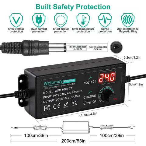 Adjustable DC Power Supply 3V To 24V 3A 72W With LCD Display AC Input 100 To 240V Includes 14 Tips Polarity Converter