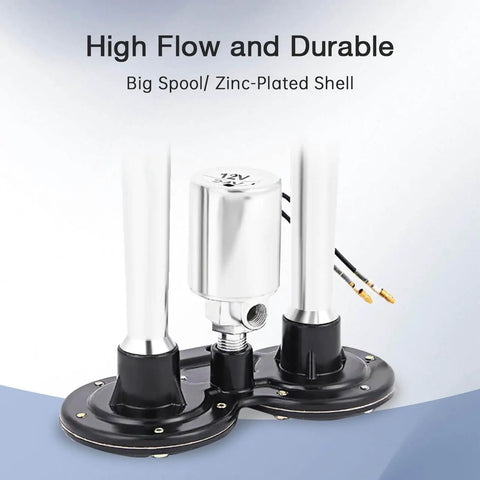 Air Horn Solenoid Valve Dual Voltage 12V And 24V For Quarter Inch NPT With Chrome Plated Zinc Alloy Housing shown with dual connectors