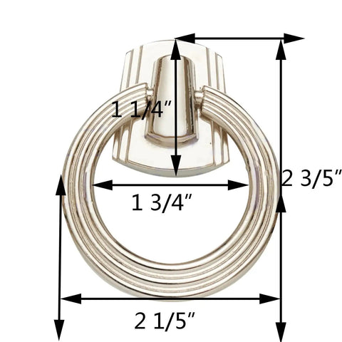 5 Pack 2.2 Inch Footed Nickel Ring Drawer Pulls For Cabinets And Cupboards, heavy duty, classic design, with detailed measurements