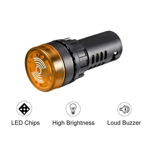 Close-up of Five Pack Yellow Indicator Lights With Buzzer, 12V AC DC, 22Mm Panel Mount Flasher Alarm For Electrical Control Panels HVAC And DIY Projects.