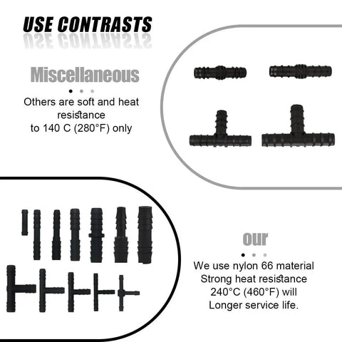 Diagram showing nylon heat-resistant fittings from Pro Grade Vacuum Line Connector Kit with 12 sizes