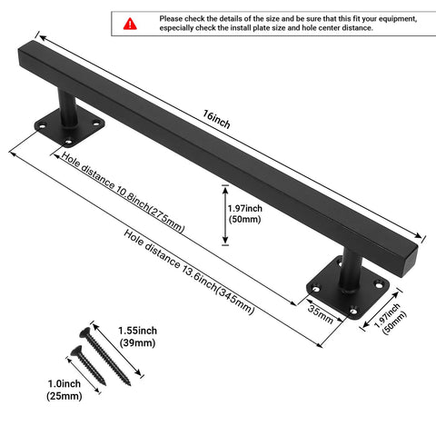 16 Inch Square Sliding Barn Door Handles Set Of 2 Black Matte Iron Gate Pulls with measurement details and screws shown