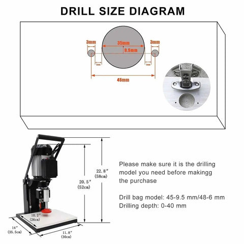 Diagram and dimensions of Pro Grade Electric Hinge Drilling Machine For Cabinets And Wardrobes with adjustable alignment