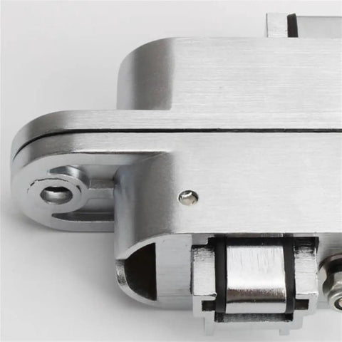 Close-up of a zinc alloy hinge from the Two Pack 180 Degree Concealed Cross Door Hinges Zinc Alloy Invisible Hinge For Gate Door Cupboard Furniture Hardware Set 139 By 29 Millimeter Heavy Duty Build Built To Last For Cabinets And Closets