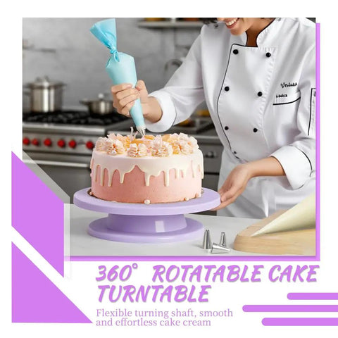Chef using Purple Cake Decorating Kit With Rotating Turntable 14 Piece Essentials Including Piping Tips Reusable Bag for cake decoration