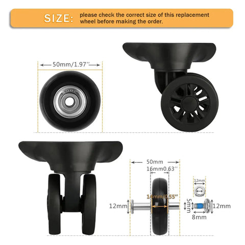 Replacement Luggage Wheel Set With Eight Rubber Swivel Caster Wheels 1.97 By 0.55 Inches 50 By 14 Millimeters Side View