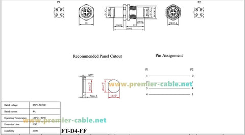 Technical diagram of D Code M12 4 Pin Bulkhead Connector Beefy Shielded IP67 female to female panel mount with dimensions and specifications.