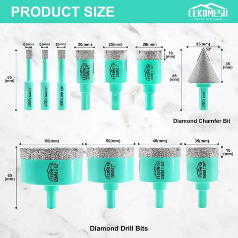 Diagram showing Pro Grade 11pc Diamond Core Drill Bits Set Tile Hole Saw Kit with dimensions for each bit and 35mm chamfer bit.