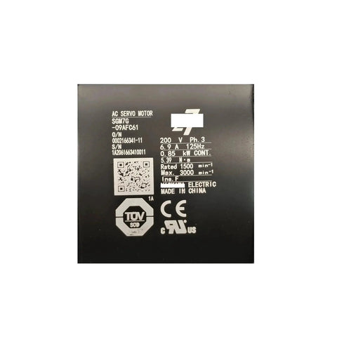 AC servo motor, model SGM7G-09AFC61, black housing with white rating label showing 850W, 200V, 3Ph, 0.9A