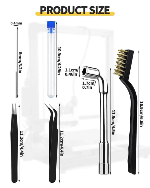 Product size diagram for 0.4mm Brass MK8 3D Printer Nozzle Set For Ender 3 V2 Ender 3 Ender 3S CR8 CR10 And More With 20 Nozzles And 54 Stainless Steel Cleaning Needles, showing tweezers, cleaning tube, and brush.