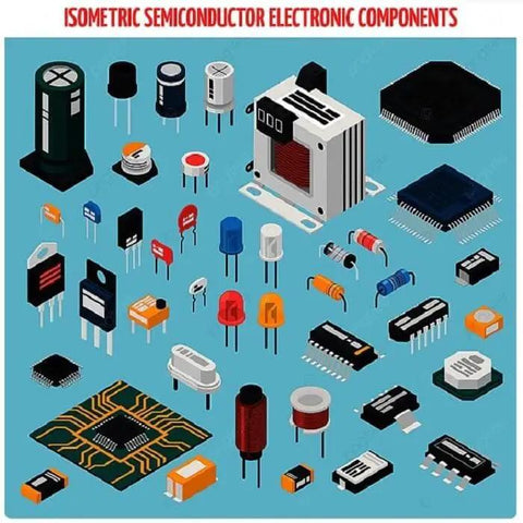 Isometric illustration of various semiconductor electronic components on a blue background