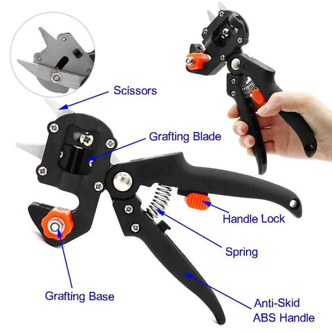 Garden Grafting Tool Kit 2 In 1 Pruning And Grafting Set With Replacement Blades, Grafting Knife, Tapes, Rubber Bands, Labels, Screwdriver, Wrench for Plant Branches, Vines, Fruit Trees Pro Grade by ZALALOVA. Visible are scissors, grafting blade, anti-skid ABS handle with handle lock, spring, and grafting base.
