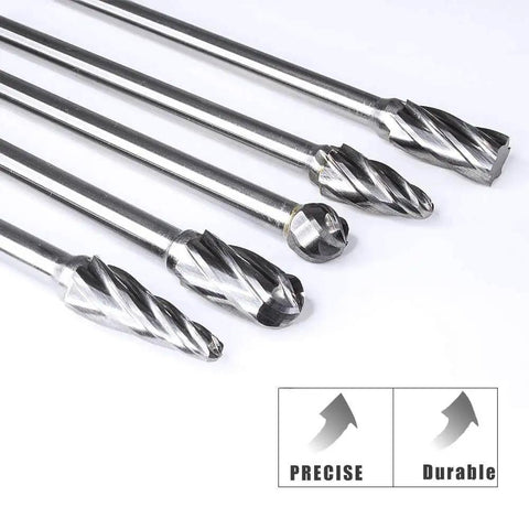Five Piece One Quarter Inch Aluma Cut Carbide Burr Set With Four Point Four Inch Shank, Pro Grade Single Cut Tungsten Rotary Burrs