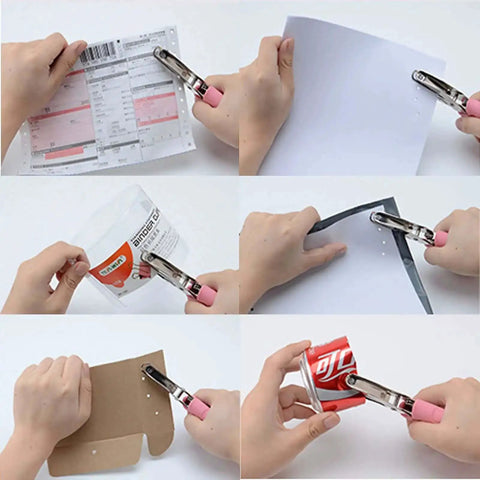Handheld Paper Hole Punch With Pink Leather Cover used on paper, plastic, and metal for scrapbooking and DIY crafts