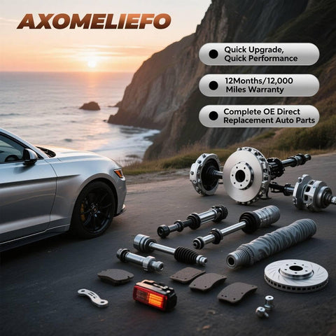 Auto parts laid out by ocean with car, featuring axles, hubs, brake components, rotors, labeled features and warranty details.