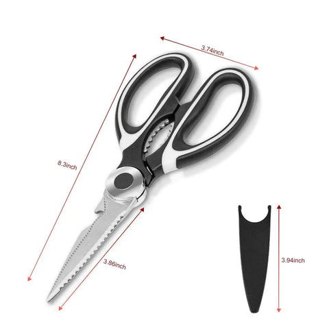 Heavy Duty Kitchen Scissors Set with 2.5mm stainless steel blades for food, fish, meat, bones, poultry, and vegetables, shown with sheath